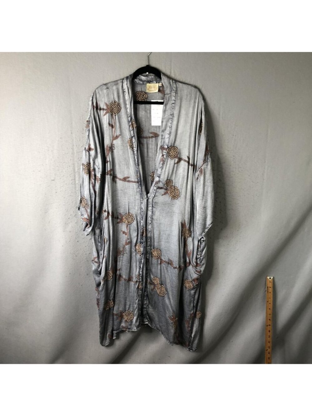 Paper Lace Kimono Jacket Womens One Size Gray Embroidered Floral Boho Long